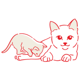 Tegning av en voksen katt som ligger mens kattungene klatrer på den