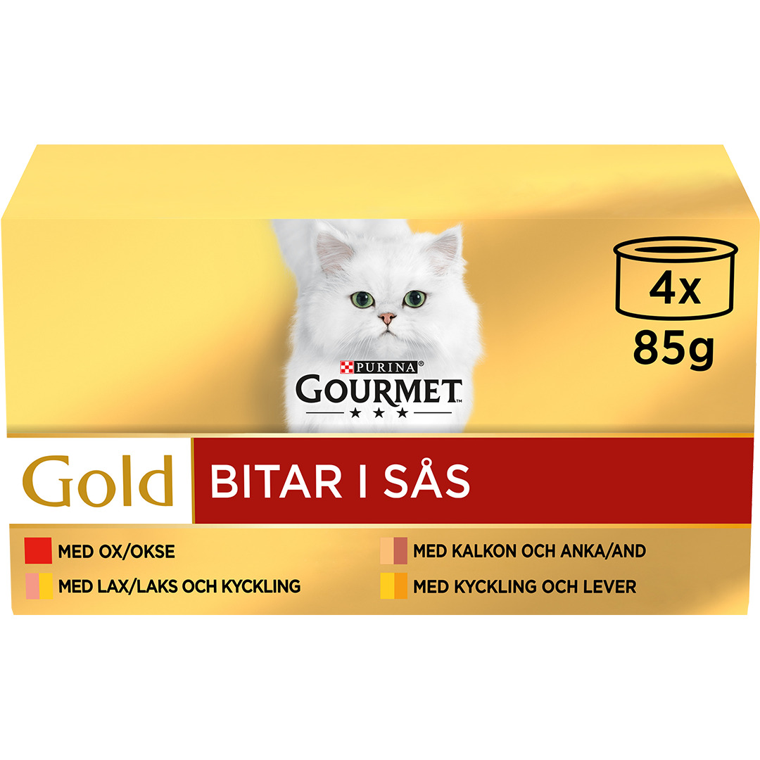 GOURMET™ Gold Biter i saus med Okse, Kalkun & And, Laks & Kylling och Kylling & Lever