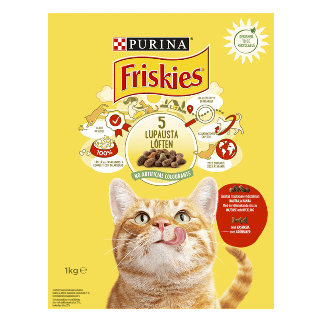 Friskies® med en smakfull blanding av Storfe, Kylling og Grønnsaker