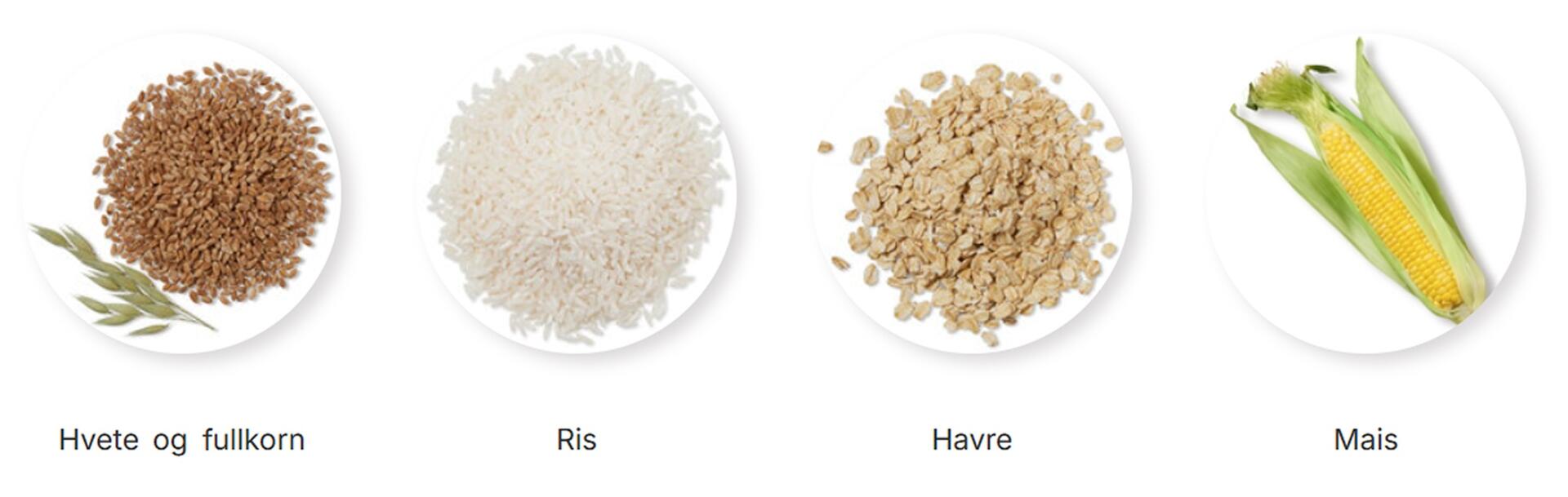 Hvete og fullkorn, Ris, Havre, Mais