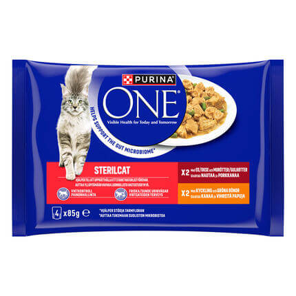 PURINA® ONE® STERILCAT, med Okse og Gulrøtter, og Mini Filets i saus med Kylling och Grønne bønner
