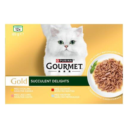 PURINA GOURMET™ GOLD Succulent Delights med laks, 85g boks
