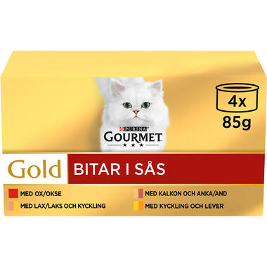 GOURMET® Gold Biter i saus med Okse, Kalkun & And, Laks & Kylling och Kylling & Lever
