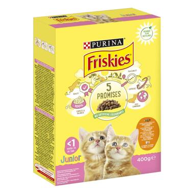 Friskies® Junior med en smakfull blanding av Kylling og Kalkun, med Melk og med Grønnsaker
