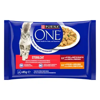 PURINA® ONE® STERILCAT, med Okse og Gulrøtter, og Mini Filets i saus med Kylling och Grønne bønner