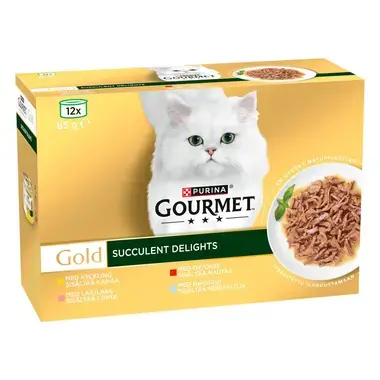 PURINA GOURMET™ GOLD Succulent Delights med laks, 85g boks