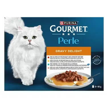 GOURMET® Perle Gravy Delight med Kylling, Okse, Laks & Tunfisk