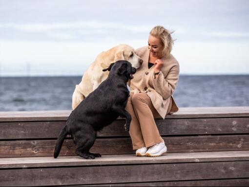 Kvinne med 2 hunder ved sjøen