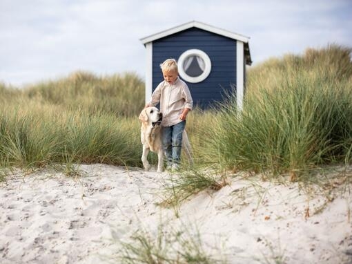 Mann og hund løper på stranden